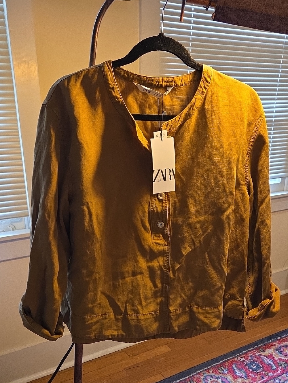 Zara Women's Mustard Collarless Button-Front Shirt